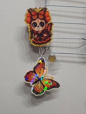 Day of the Dead Badge Reel Butterfly Alligator Clip ID Holder Badge Clip